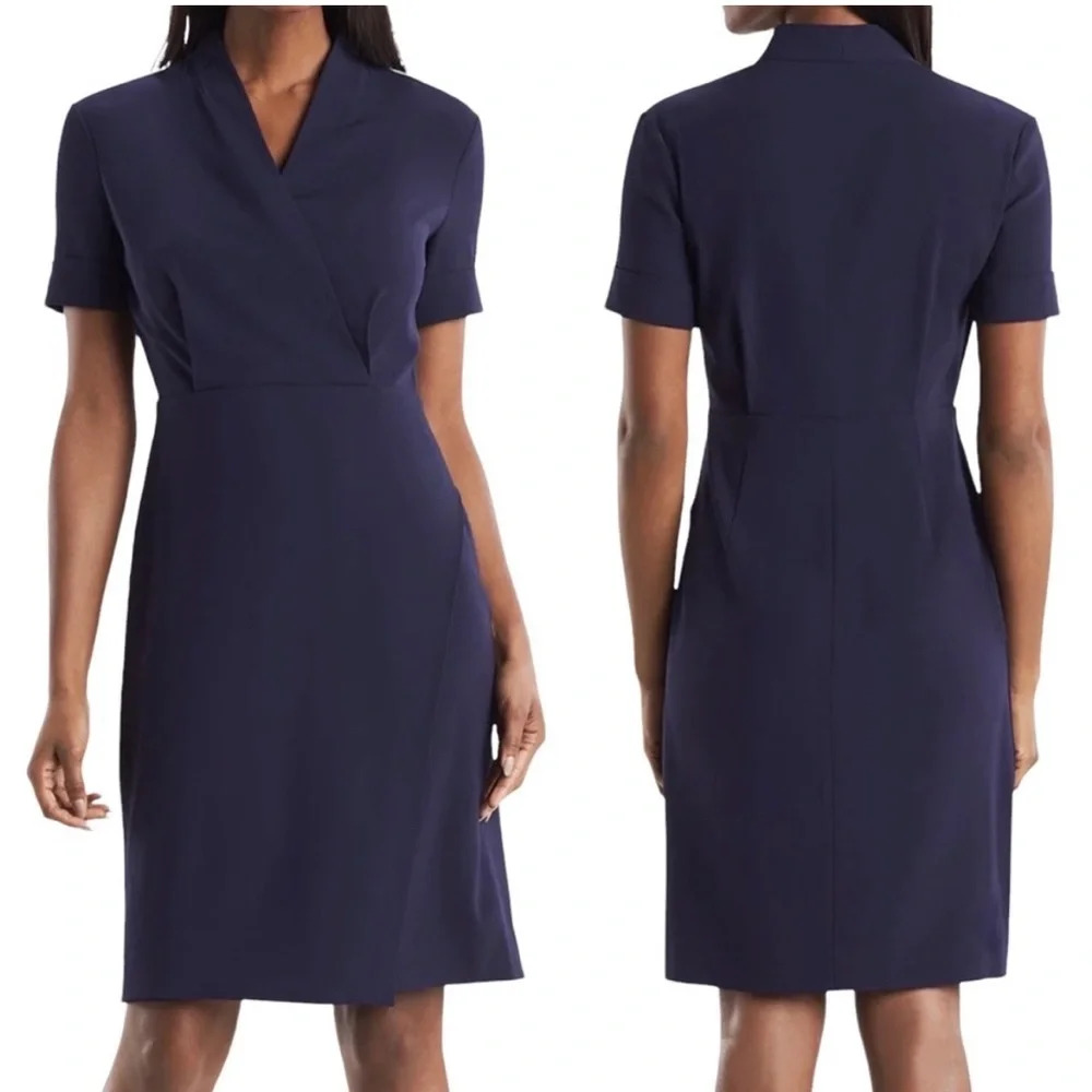 MM Lafleur Tory Dress‎ Blue Crepe Faux Wrap V-neck Knee Length Short Sleeve